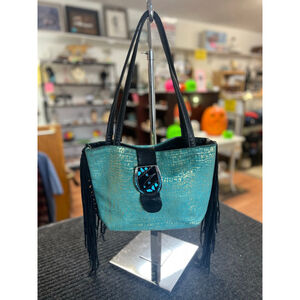 Teal Suede Handmade Leather Shoulder Bag Purse Turquoise Style Buckle GUE